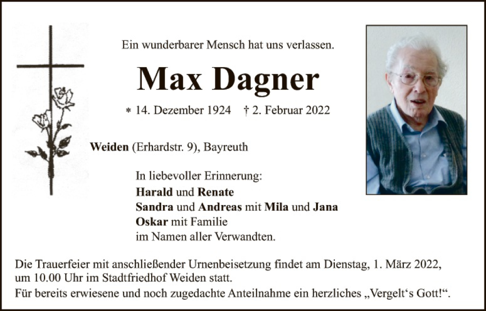  Traueranzeige für Max Dagner vom 26.02.2022 aus Hauptausgabe Weiden