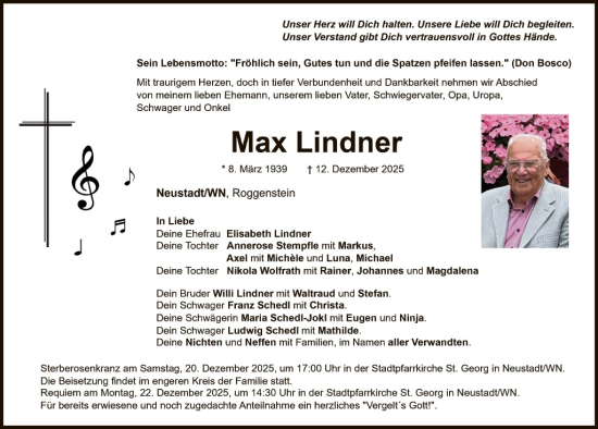 Traueranzeige von Max Lindner von Hauptausgabe Weiden