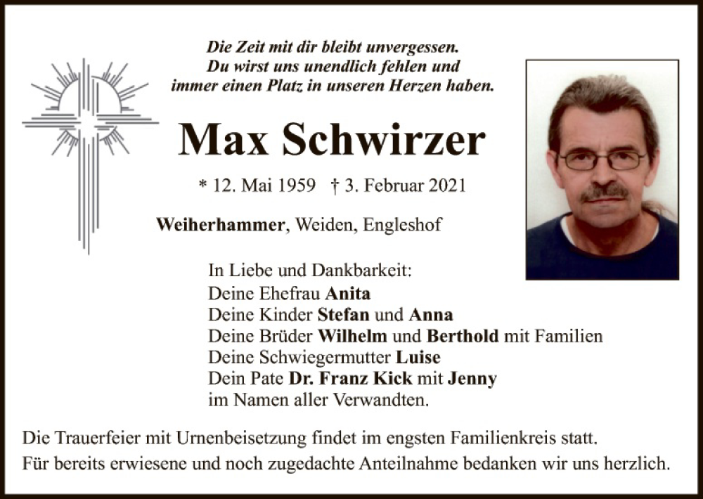  Traueranzeige für Max Schwirzer vom 06.02.2021 aus Hauptausgabe Weiden