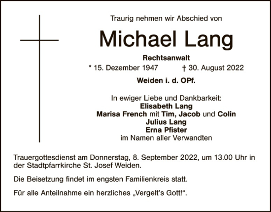 Traueranzeige von Michael Lang von Hauptausgabe Weiden