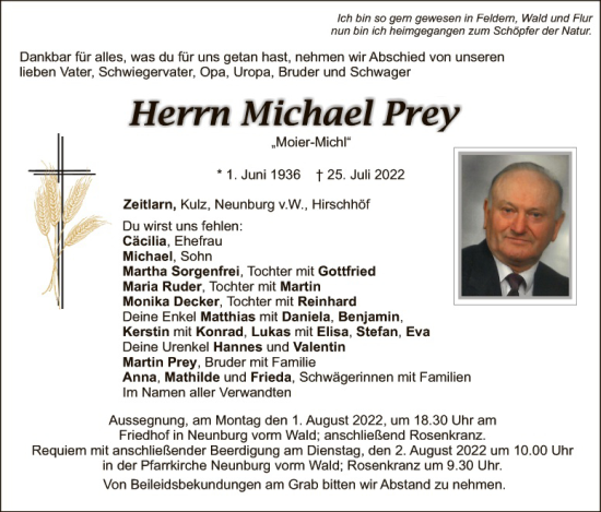 Traueranzeige von Michael Prey von Landkreis Schwandorf