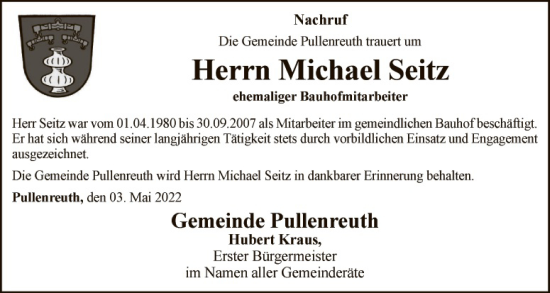 Traueranzeige von Michael Seitz von Eschenbach - Kemnath - Erbendorf