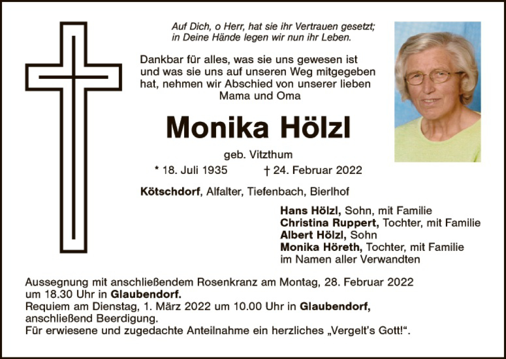  Traueranzeige für Monika Hölzl vom 26.02.2022 aus Hauptausgabe Weiden