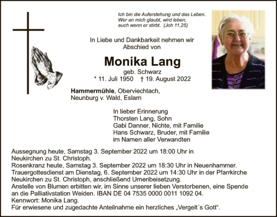 Traueranzeige von Monika Lang von Hauptausgabe Weiden