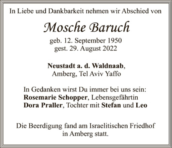 Traueranzeige von Mosche Baruch von Hauptausgabe Weiden