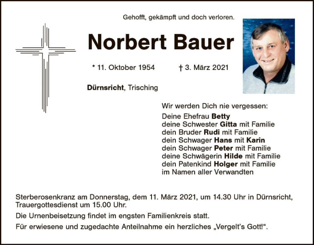  Traueranzeige für Norbert Bauer vom 09.03.2021 aus Landkreis Schwandorf