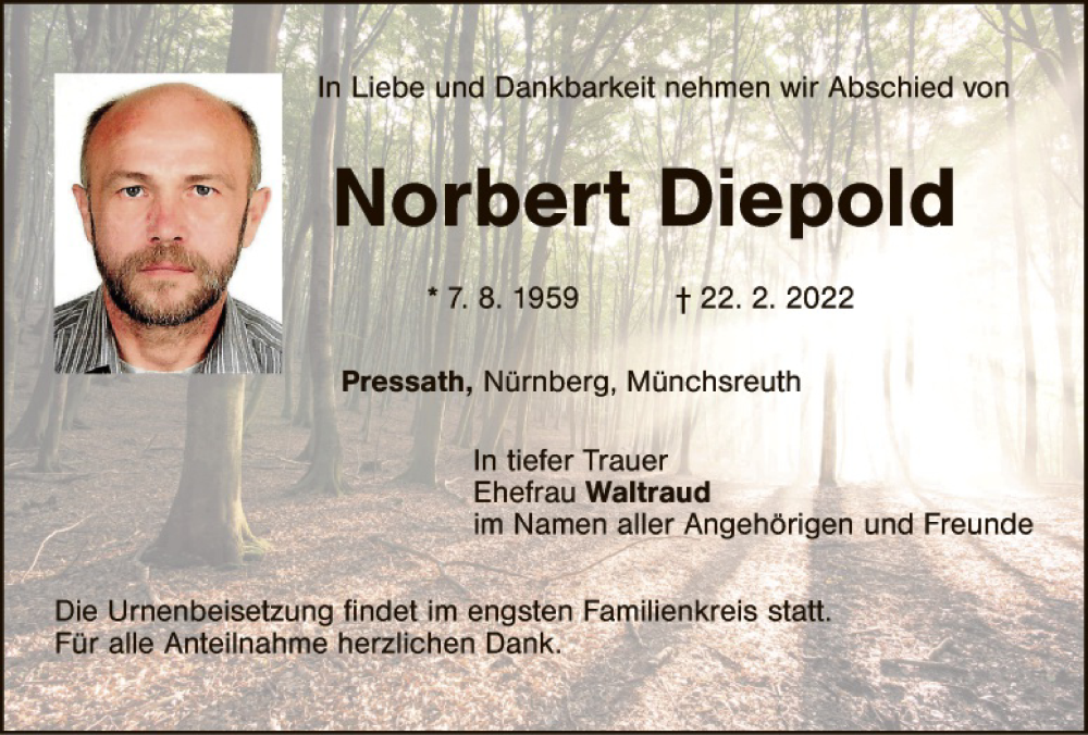  Traueranzeige für Norbert Diepold vom 26.02.2022 aus Tirschenreuth + Eschenbach - Kemnath - Erbendorf