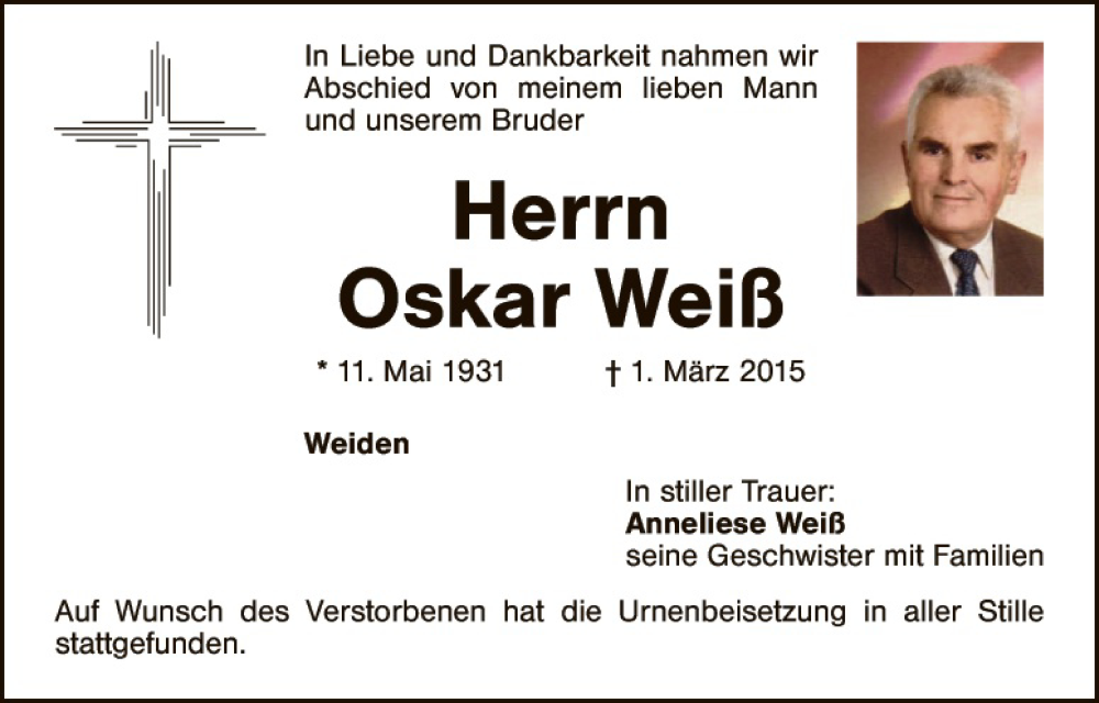  Traueranzeige für Oskar Weiß vom 14.03.2015 aus Hauptausgabe Weiden