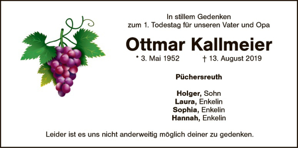  Traueranzeige für Ottmar Kallmeier vom 13.08.2020 aus Gesamtausgabe