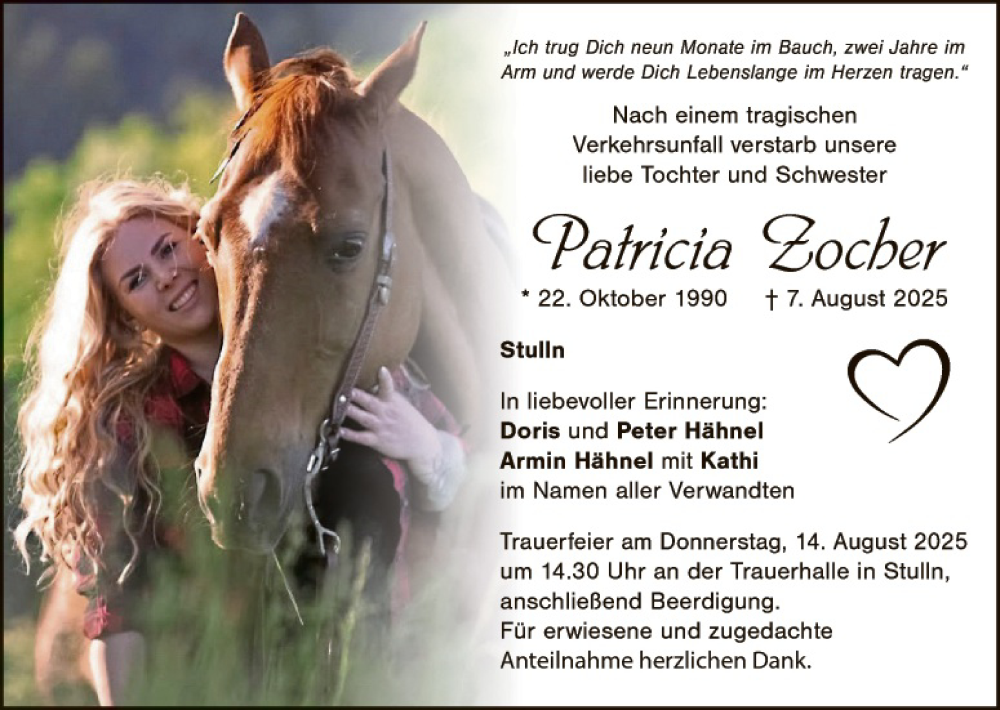  Traueranzeige für Patricia Zocher vom 12.08.2025 aus Landkreis Schwandorf
