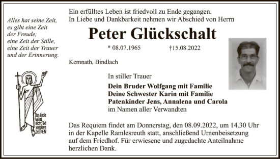 Traueranzeige von Peter Glückschalt von Tirschenreuth + Eschenbach - Kemnath - Erbendorf