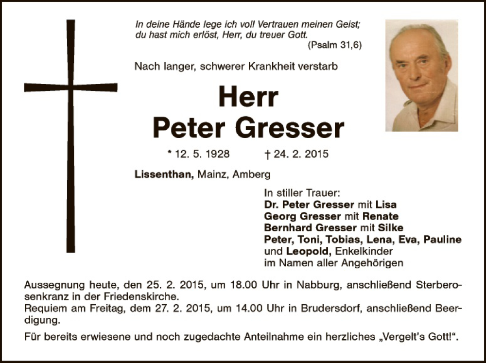  Traueranzeige für Peter Gresser vom 25.02.2015 aus Landkreis Schwandorf