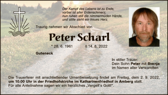 Traueranzeige von Peter Scharl von Amberger Zeitung / Sulzbach - Rosenberger Zeitung + Landkreis Schwandorf