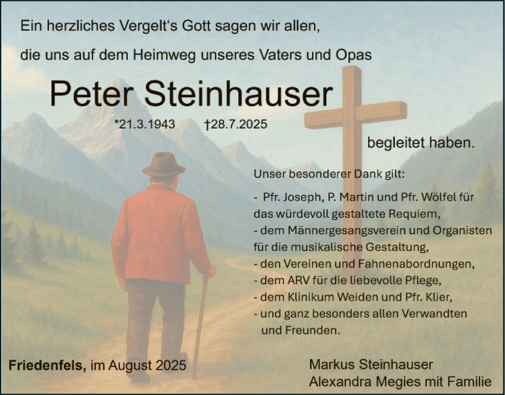  Traueranzeige für Peter Steinhauser vom 30.08.2025 aus Tirschenreuth + Eschenbach - Kemnath - Erbendorf