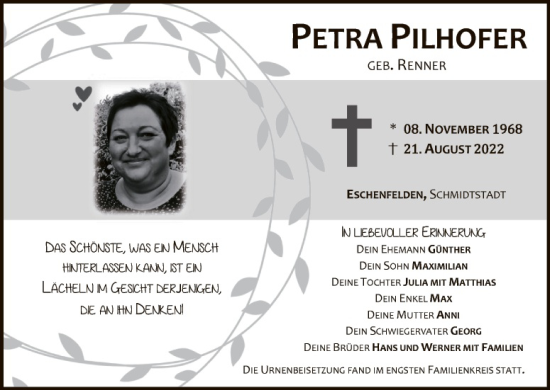 Traueranzeige von Petra Pilhofer von Eschenbach - Kemnath - Erbendorf + Sulzbach - Rosenberger Zeitung