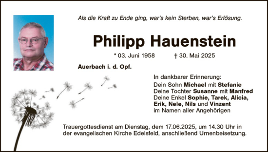 Traueranzeige von Philipp Hauenstein von Hauptausgabe Amberg