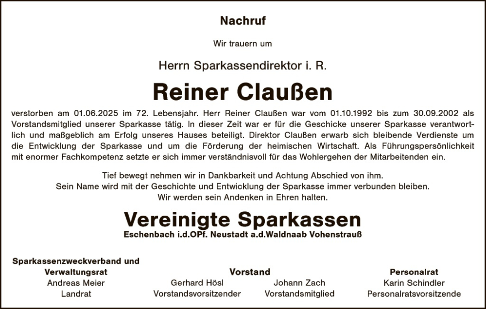  Traueranzeige für Reiner Claußen vom 05.06.2025 aus Gesamtausgabe