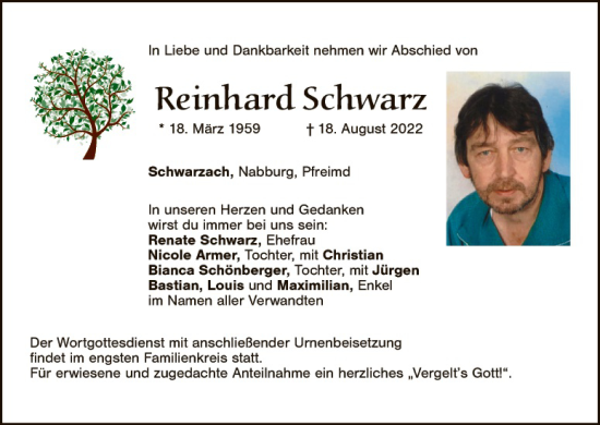 Traueranzeige von Reinhard Schwarz von Landkreis Schwandorf