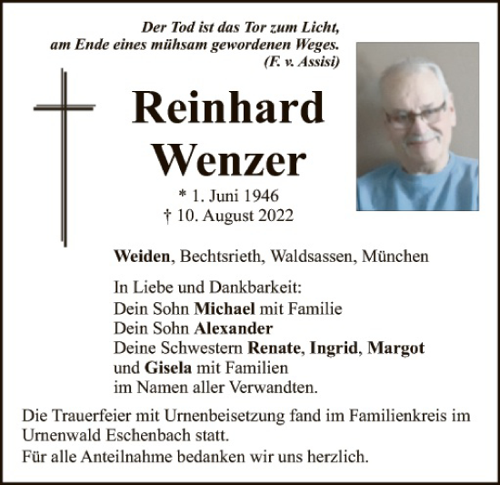 Traueranzeige von Reinhard Wenzer von Tirschenreuth + Eschenbach - Kemnath - Erbendorf