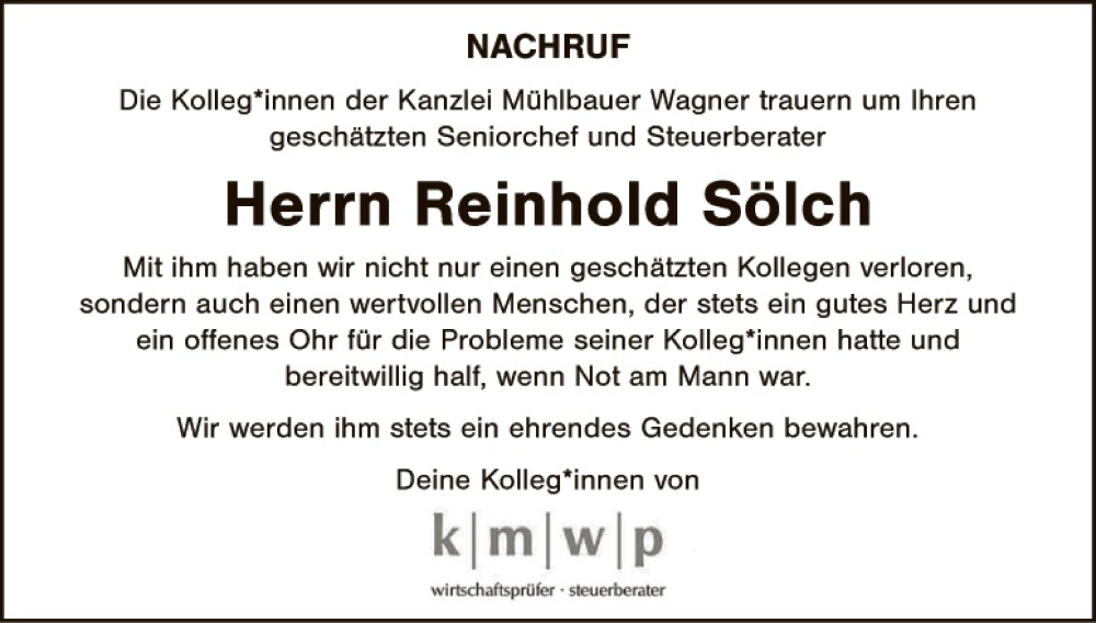  Traueranzeige für Reinhold Sölch vom 18.08.2022 aus Hauptausgabe Weiden