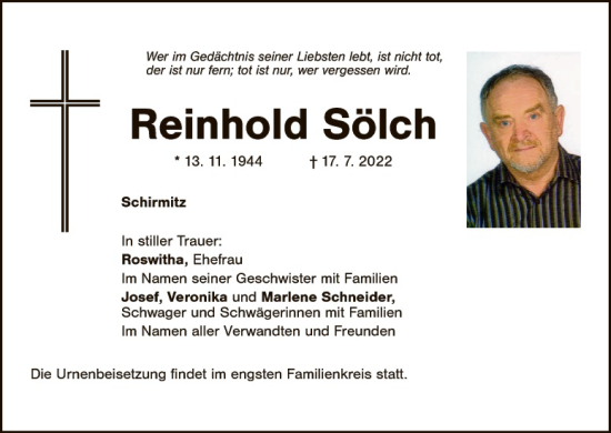 Traueranzeige von Reinhold Sölch von Hauptausgabe Weiden
