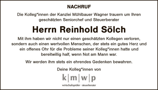 Traueranzeige von Reinhold Sölch von Hauptausgabe Weiden