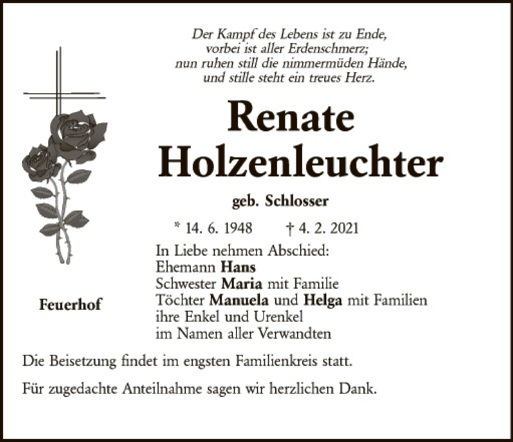  Traueranzeige für Renate Holzenleuchter vom 06.02.2021 aus Hauptausgabe Amberg