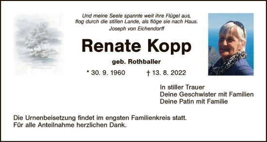 Traueranzeige von Renate Kopp von Hauptausgabe Weiden