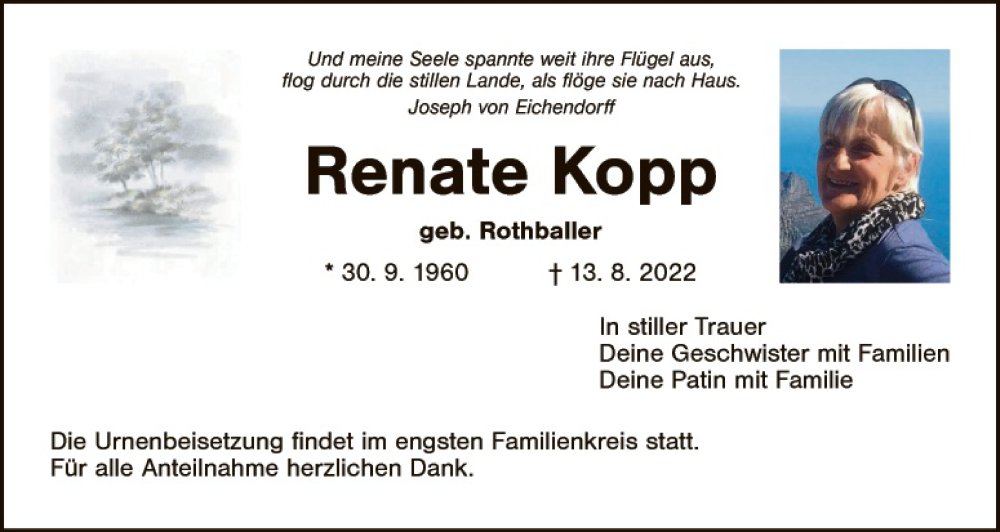  Traueranzeige für Renate Kopp vom 17.08.2022 aus Hauptausgabe Weiden