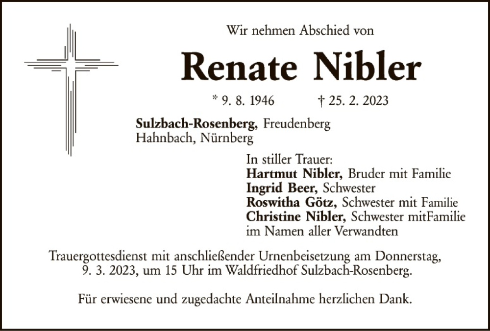  Traueranzeige für Renate Nibler vom 04.03.2023 aus Hauptausgabe Amberg