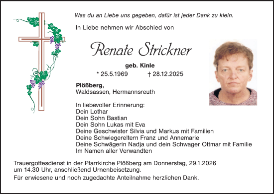Traueranzeige von Renate Strickner von Tirschenreuth + Eschenbach - Kemnath - Erbendorf