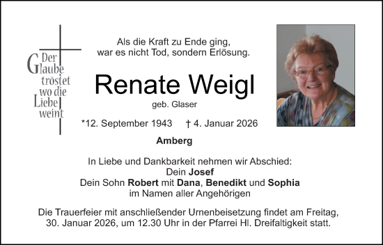 Traueranzeige von Renate Weigl von Hauptausgabe Amberg
