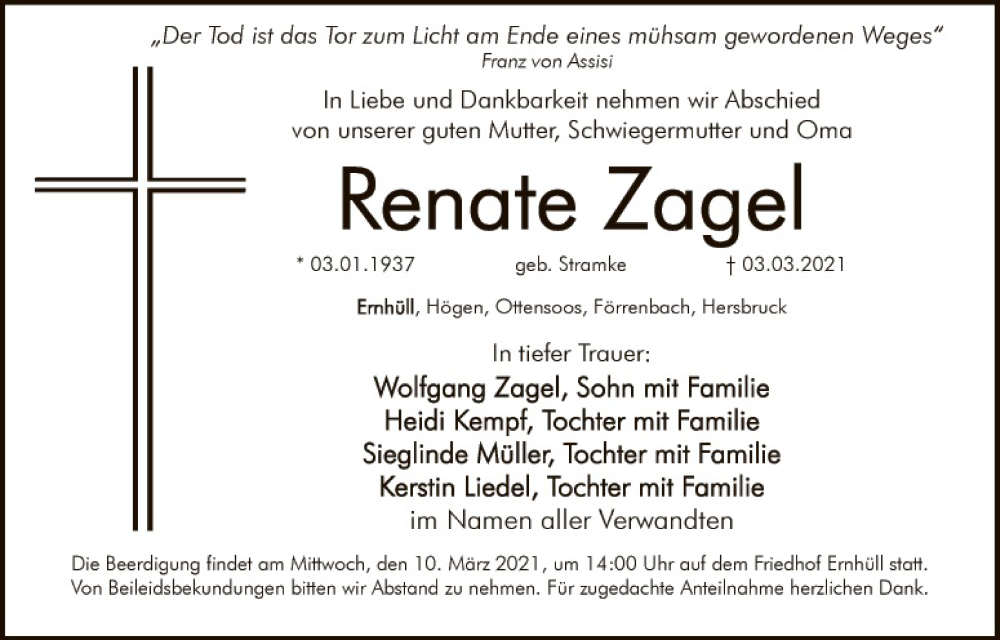  Traueranzeige für Renate Zagel vom 06.03.2021 aus Hauptausgabe Amberg