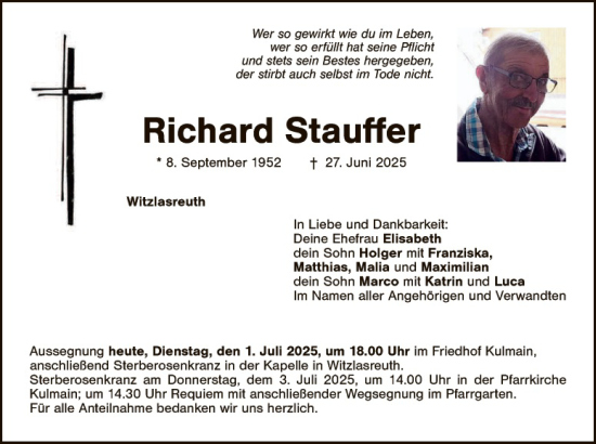 Traueranzeige von Richard Stauffer von Tirschenreuth + Eschenbach - Kemnath - Erbendorf