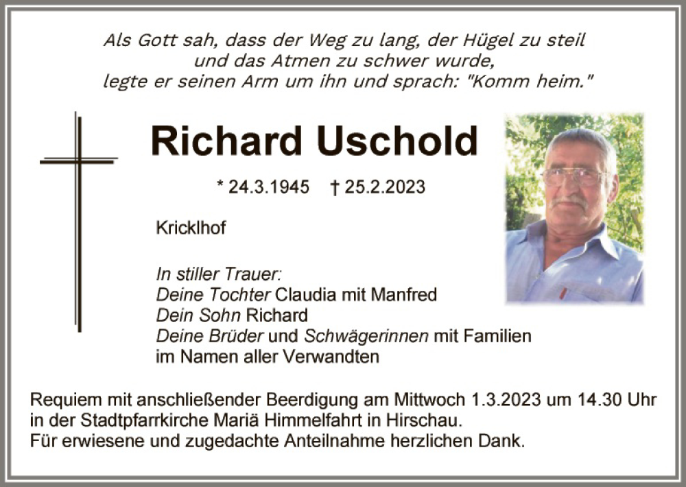  Traueranzeige für Richard Uschold vom 28.02.2023 aus Hauptausgabe Amberg