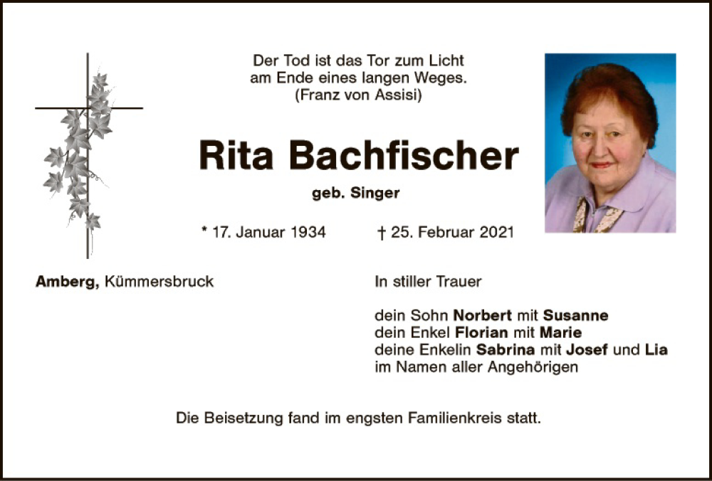  Traueranzeige für Rita Bachfischer vom 10.03.2021 aus Hauptausgabe Amberg