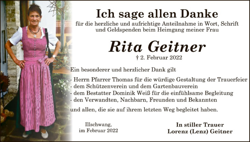  Traueranzeige für Rita Geitner vom 19.02.2022 aus Hauptausgabe Amberg