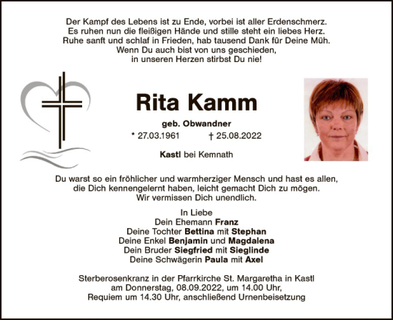 Traueranzeige von Rita Kamm von Hauptausgabe Weiden