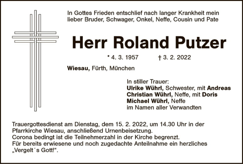  Traueranzeige für Roland Putzer vom 12.02.2022 aus Tirschenreuth + Eschenbach - Kemnath - Erbendorf