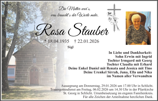 Traueranzeige von Rosa Stauber von Hauptausgabe Amberg