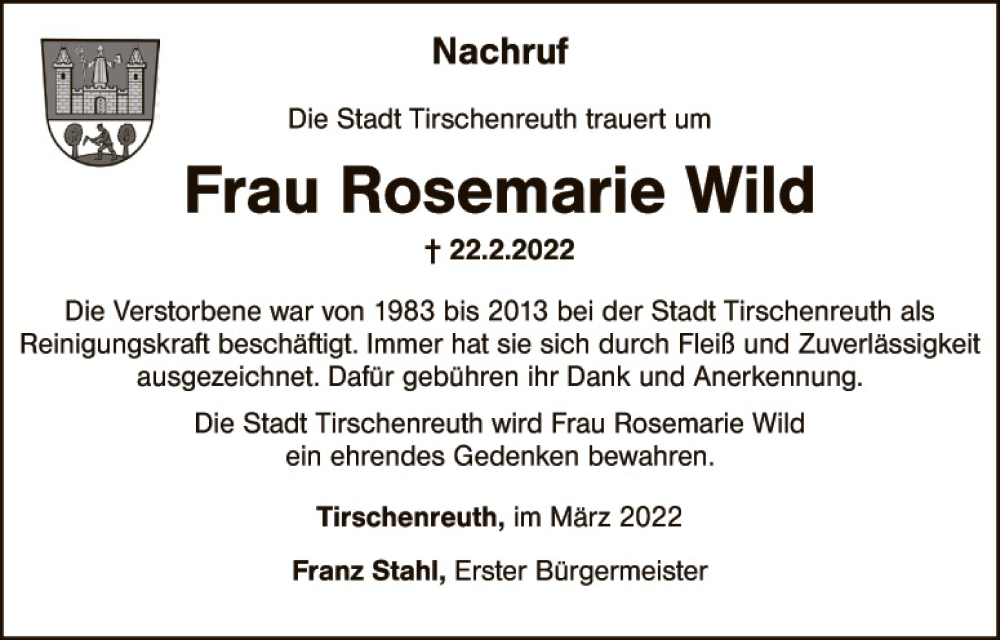  Traueranzeige für Rosemarie Wild vom 23.03.2022 aus Tirschenreuth