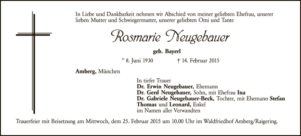  Traueranzeige für Rosmarie Neugebauer vom 21.02.2015 aus Hauptausgabe Amberg