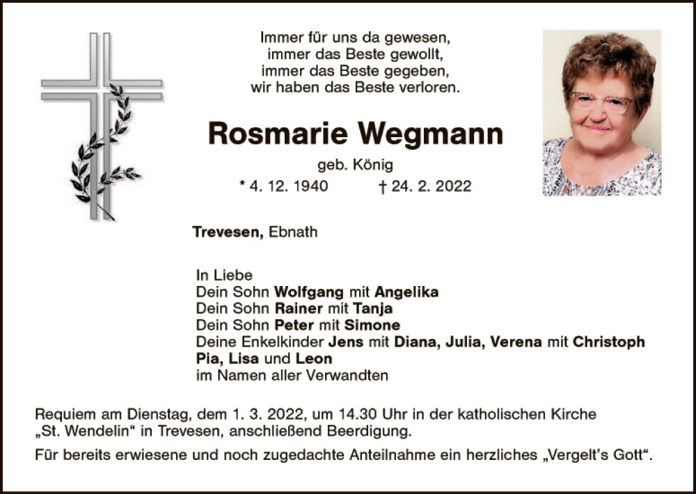  Traueranzeige für Rosmarie Wegmann vom 26.02.2022 aus Tirschenreuth + Eschenbach - Kemnath - Erbendorf