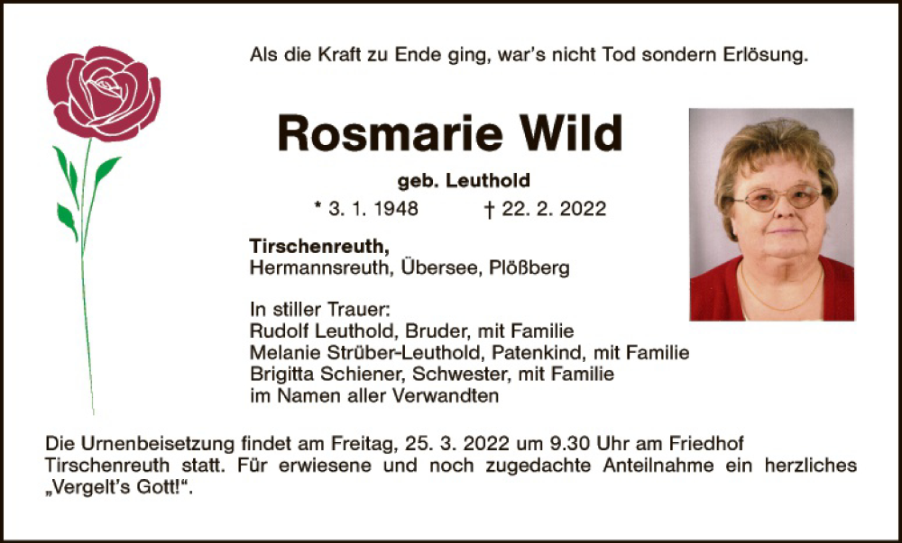  Traueranzeige für Rosmarie Wild vom 23.03.2022 aus Tirschenreuth + Eschenbach - Kemnath - Erbendorf