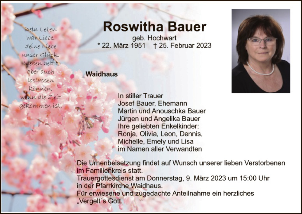  Traueranzeige für Roswitha Bauer vom 06.03.2023 aus Landkreis Schwandorf und Vohenstrauß