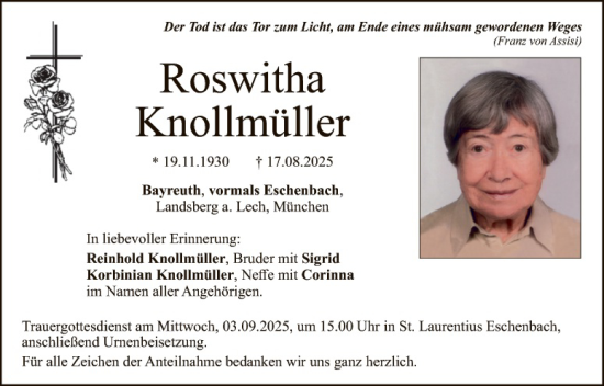 Traueranzeige von Roswitha Knollmüller von Tirschenreuth + Eschenbach - Kemnath - Erbendorf