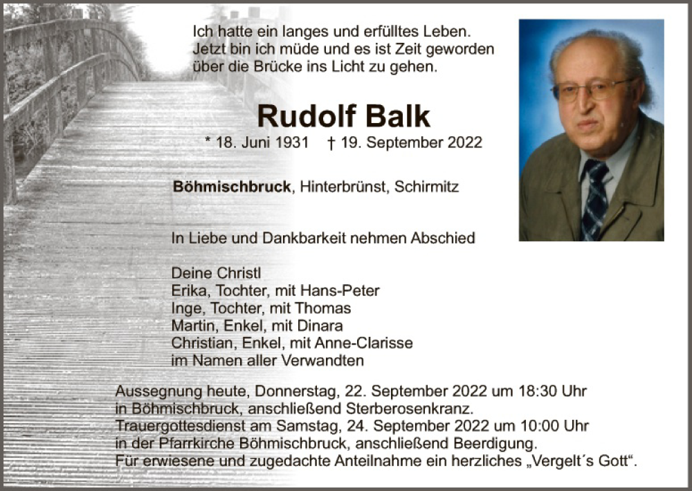  Traueranzeige für Rudolf Balk vom 22.09.2022 aus Hauptausgabe Weiden