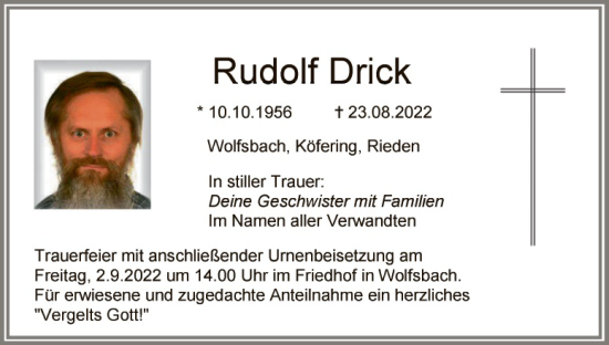Traueranzeige von Rudolf Drick von Hauptausgabe Amberg