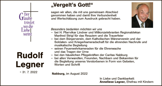 Traueranzeige von Rudolf Legner von Landkreis Schwandorf