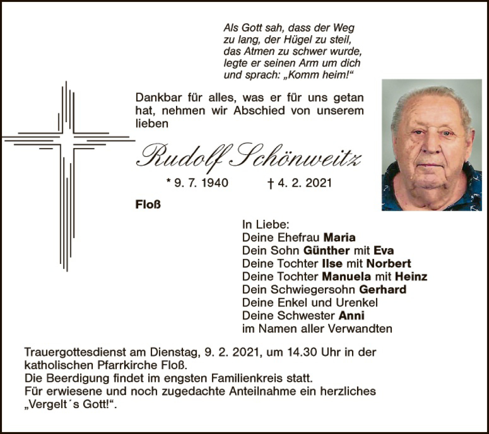  Traueranzeige für Rudolf Schönweitz vom 08.02.2021 aus Hauptausgabe Weiden